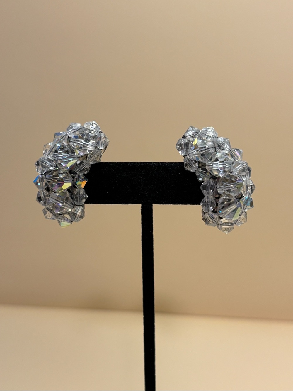 Vintage Crystal Beaded Cluster Clip Earrings 1-3/8”